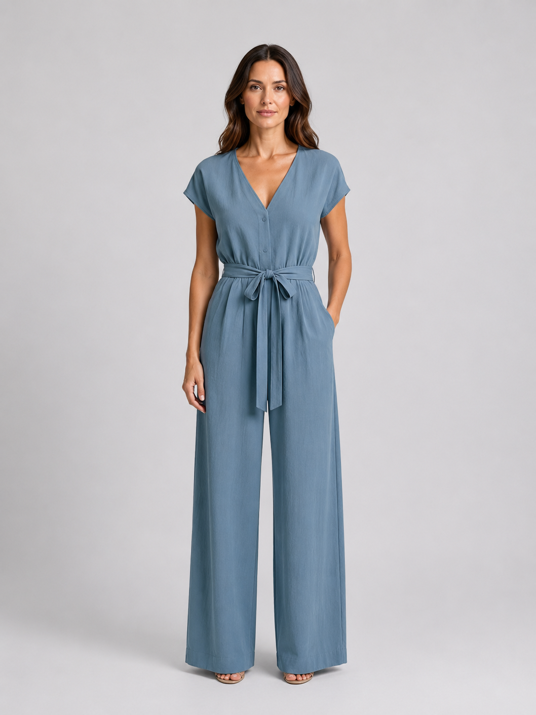 Women's Wide Leg Jumpsuit with Tie Waist