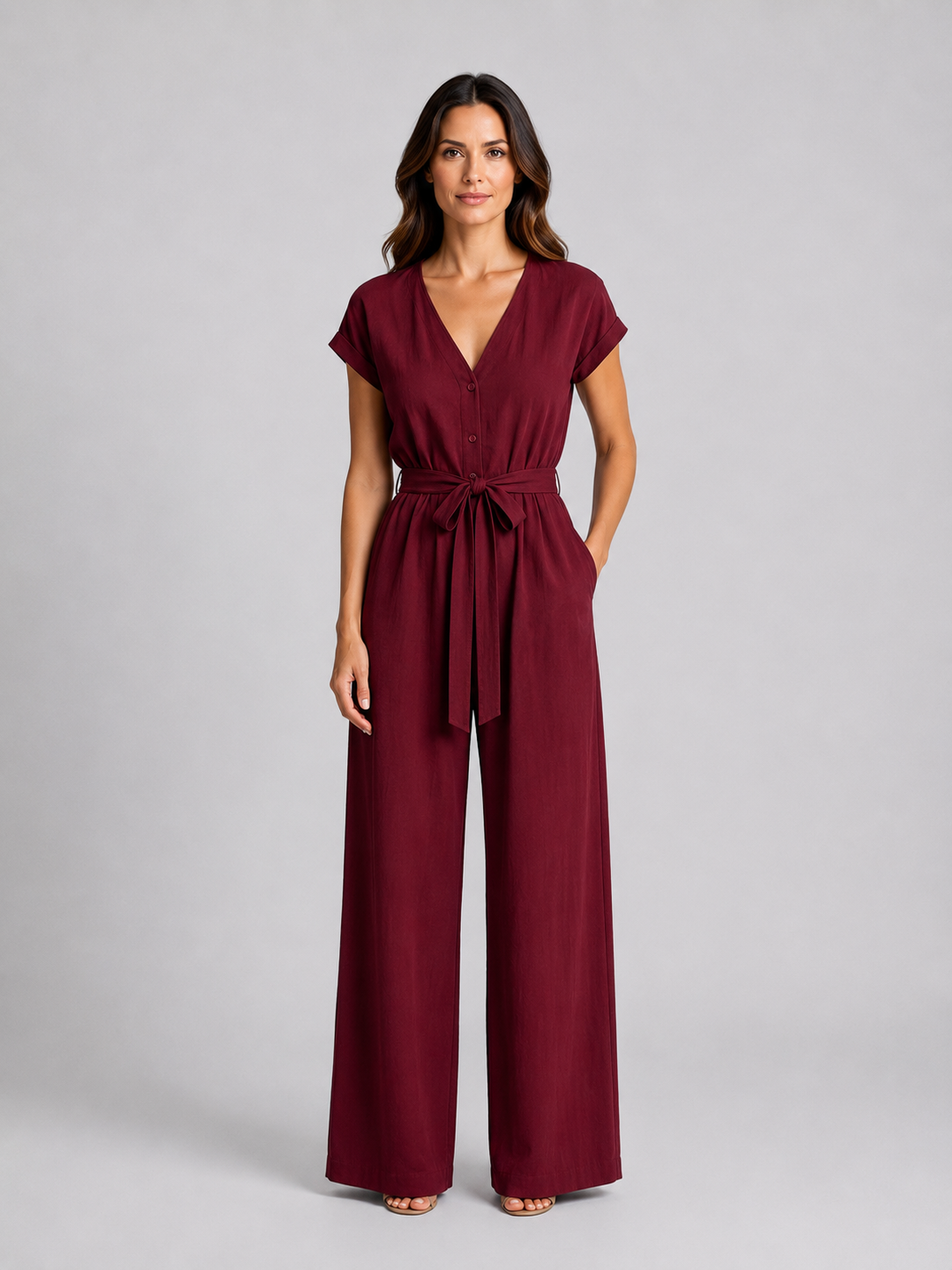 Women's Wide Leg Jumpsuit with Tie Waist