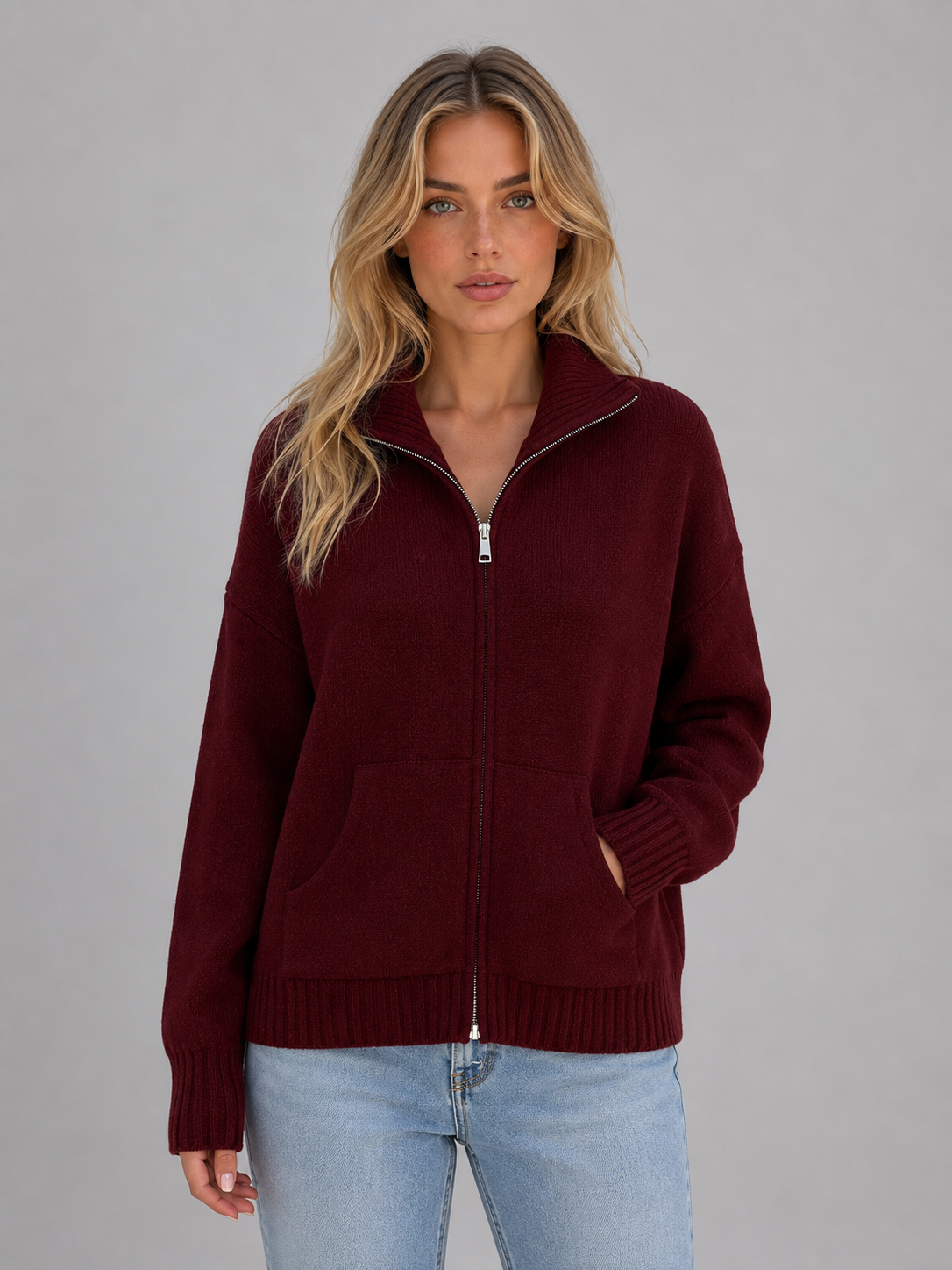 Women's Zip Up Funnel Neck Knit Jacket