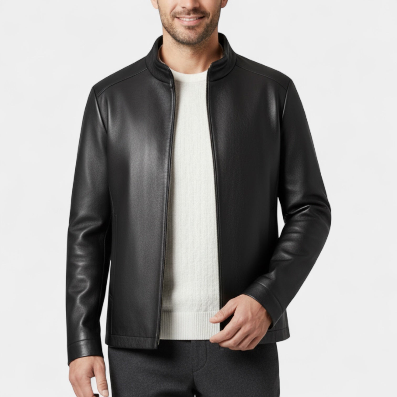 Genuine Leather Stand Collar Jacket Regular Fit for Men