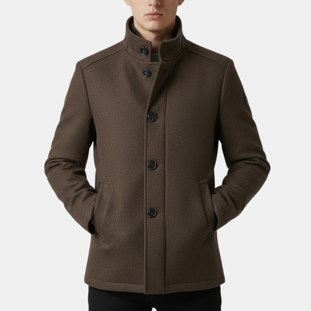 Wool-Blend Trench Coat Stand Collar Tailored Fit for Men