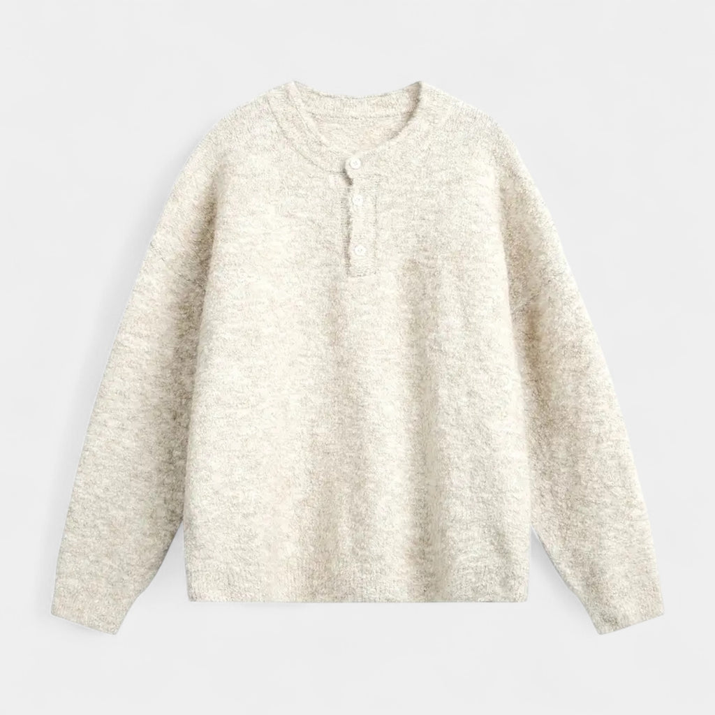 Henley Knit Wool Sweater Three-Button Placket for Men