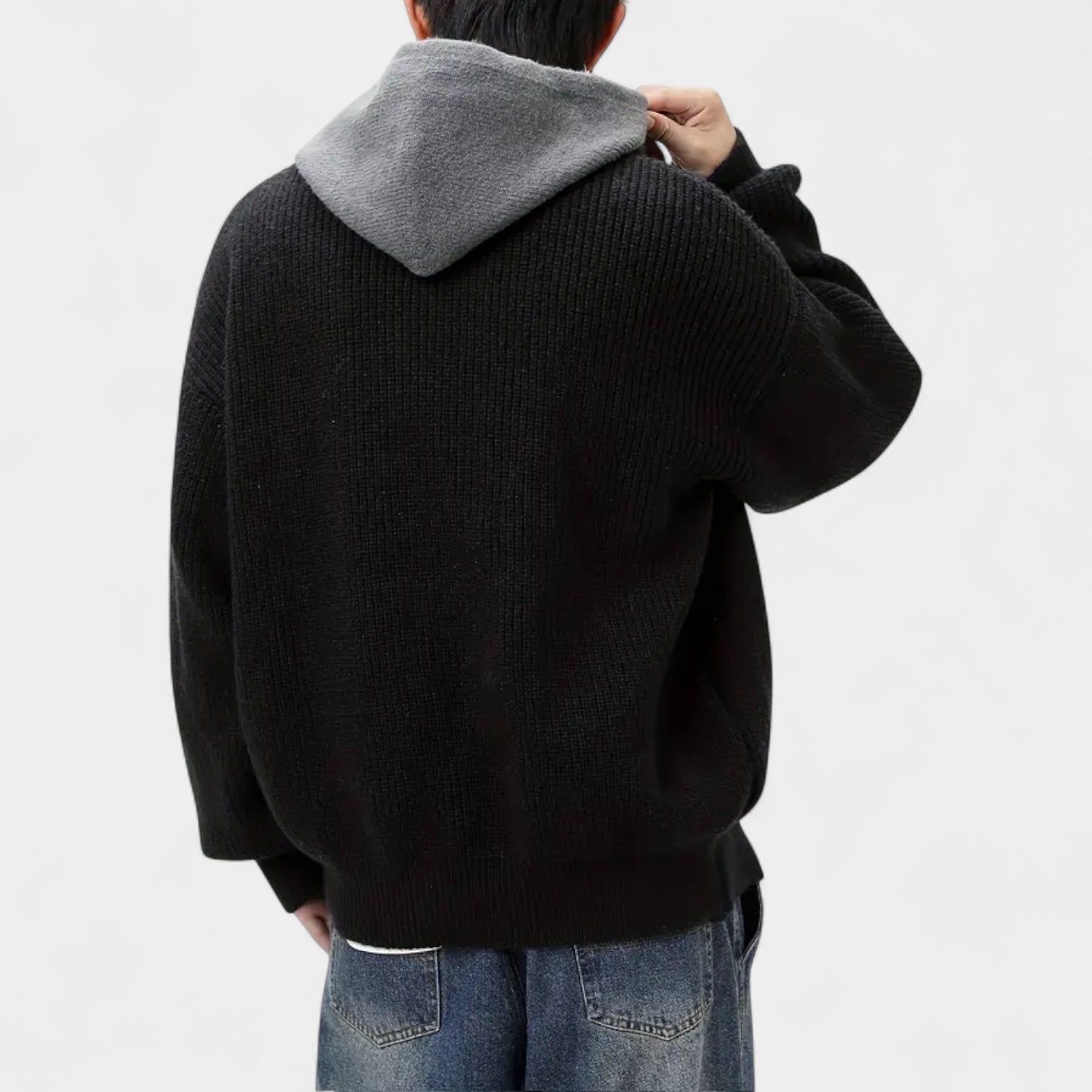Zip-Up Knit Cardigan Hoodie Ribbed Relaxed Fit for Men