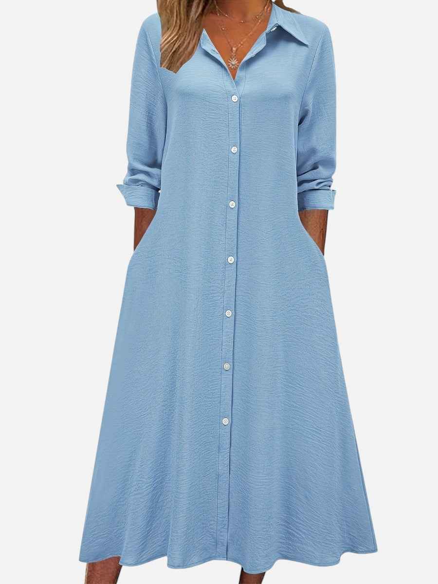 Women's Button-Front Midi Shirt Dress with Relaxed Fit