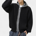 Zip-Up Knit Cardigan Hoodie Ribbed Relaxed Fit for Men