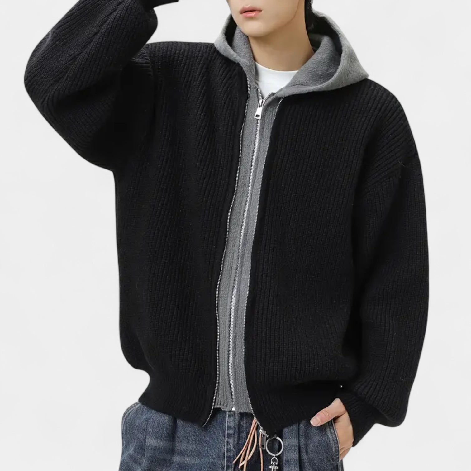 Zip-Up Knit Cardigan Hoodie Ribbed Relaxed Fit for Men