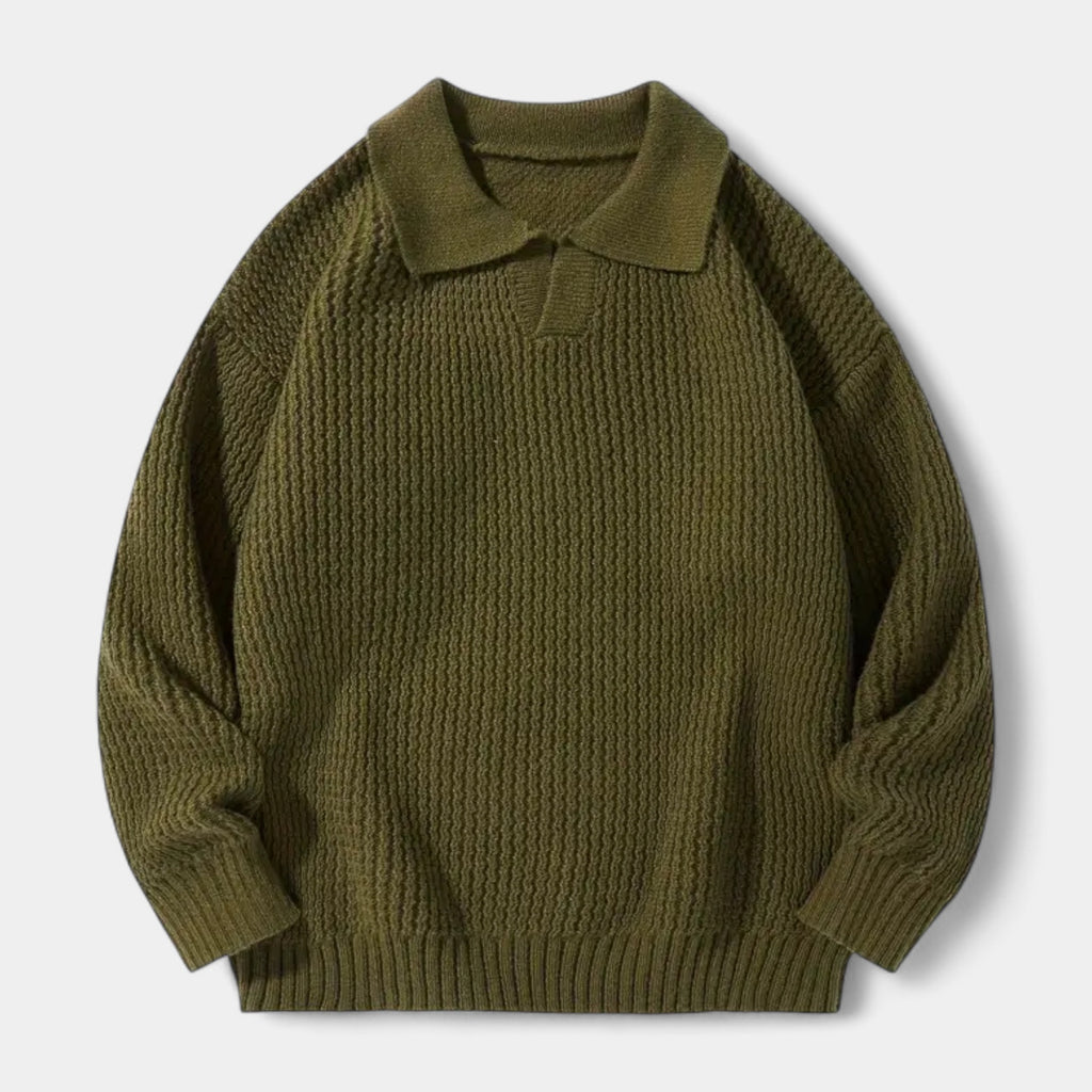 Textured Knit Polo Sweater Relaxed Fit for Men