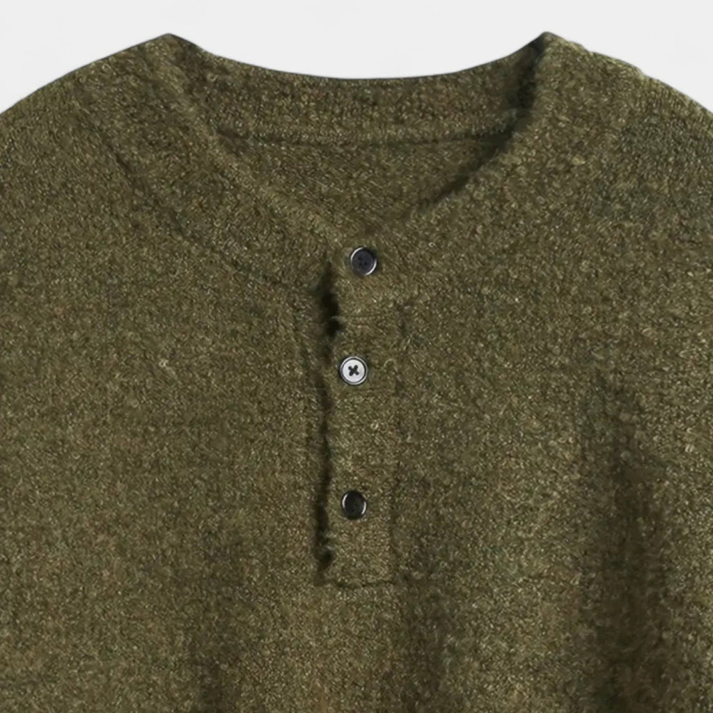 Henley Knit Wool Sweater Three-Button Placket for Men