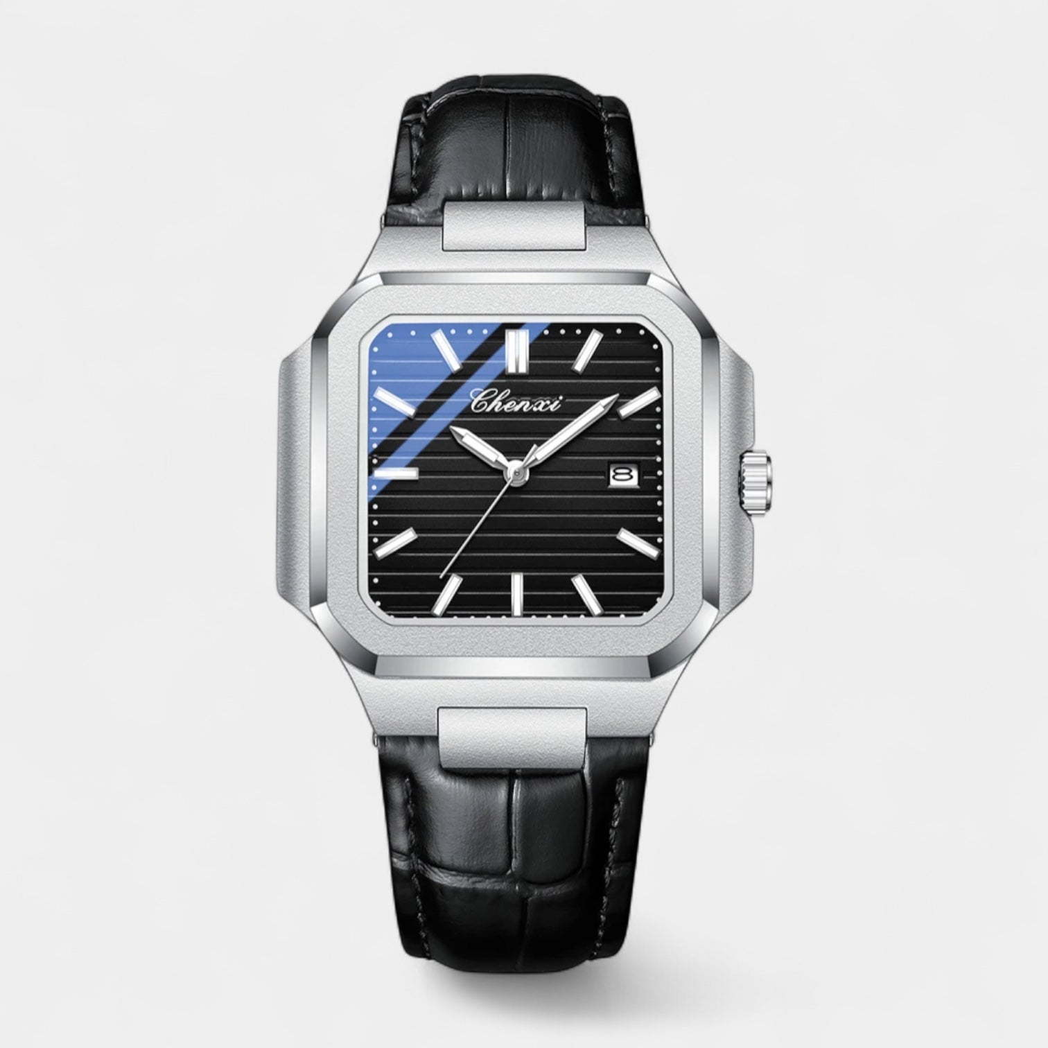 Men’s Square Stainless Steel Leather Strap Quartz Watch