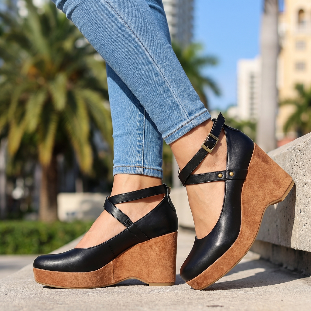 Women's Vintage Cross-Strap Closed-Toe Wedges