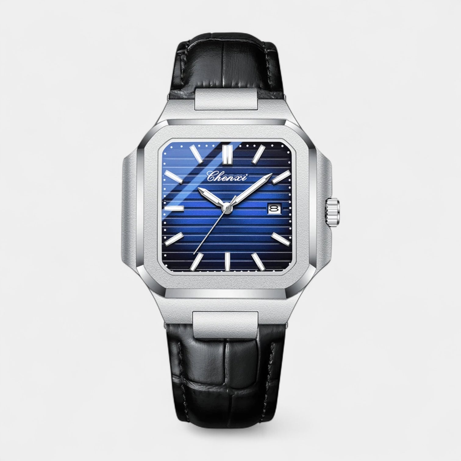 Men’s Square Stainless Steel Leather Strap Quartz Watch