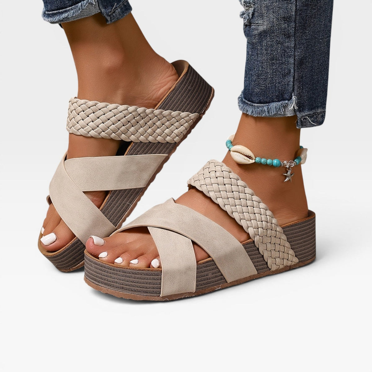 Women's Woven Cross-Strap Wedge Mules