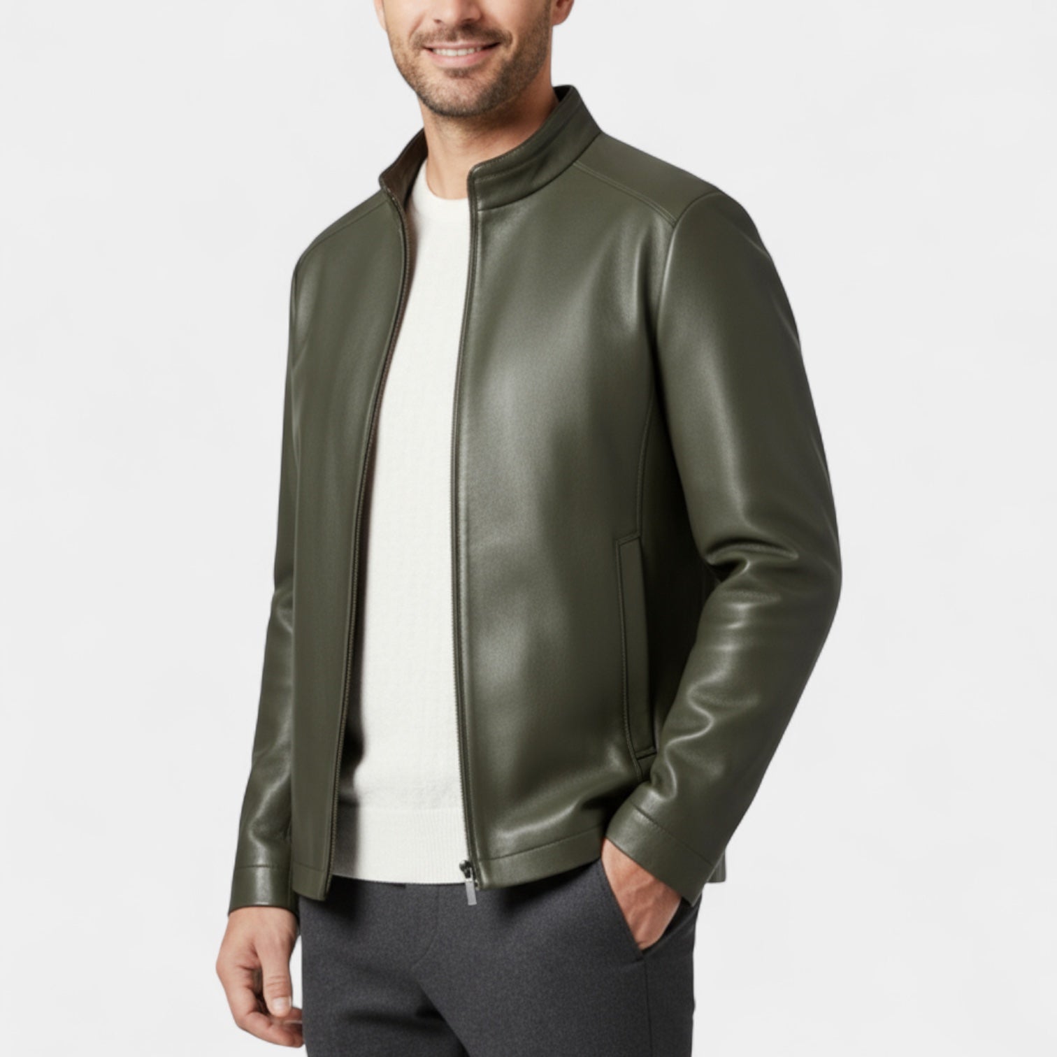 Genuine Leather Stand Collar Jacket Regular Fit for Men