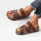 Women's Woven Cross-Strap Wedge Mules