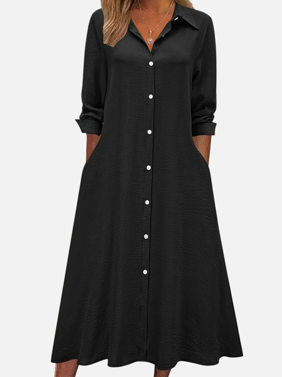 Women's Button-Front Midi Shirt Dress with Relaxed Fit