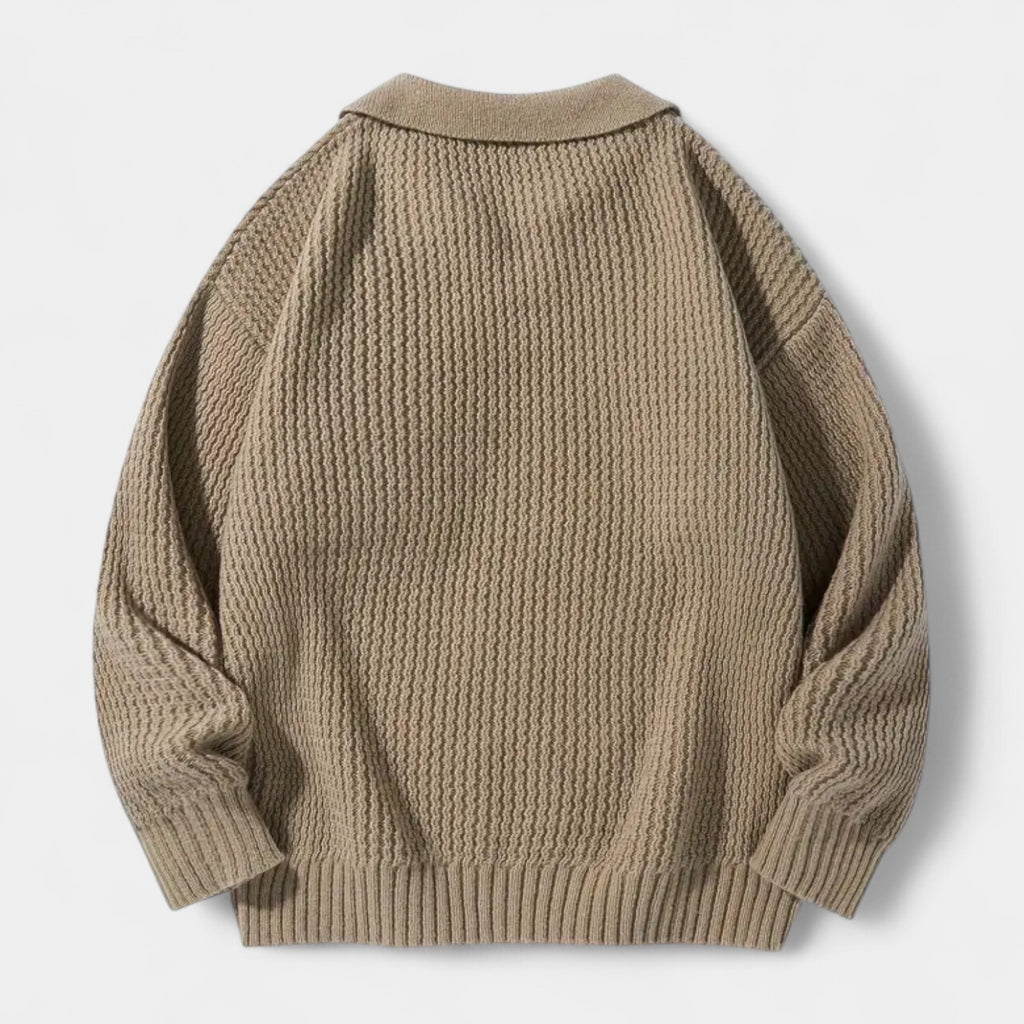 Textured Knit Polo Sweater Relaxed Fit for Men