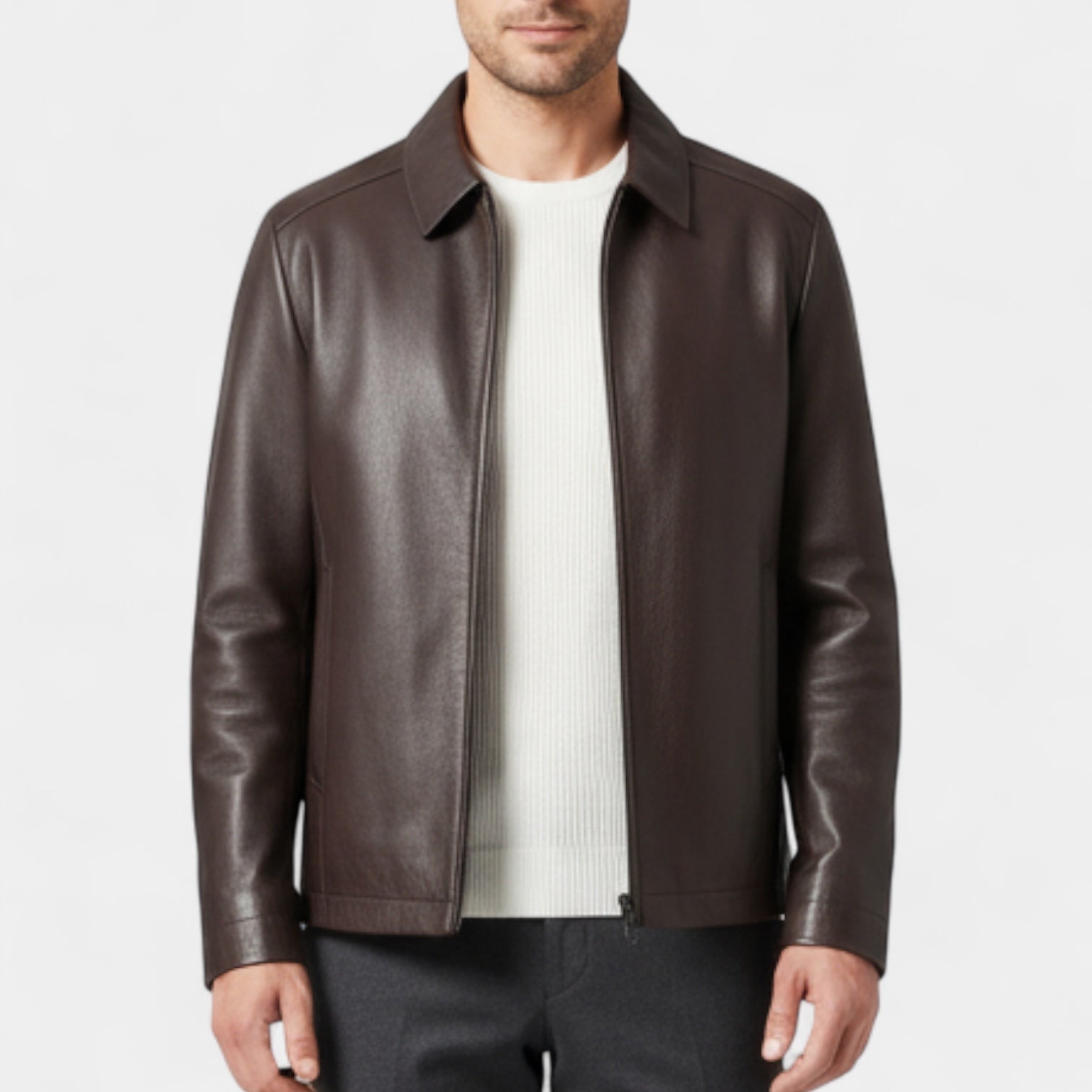 Genuine Leather Jacket Full Zip Regular Fit for Men