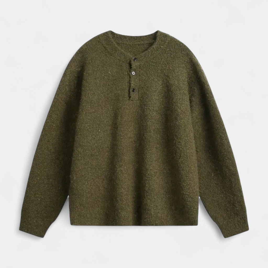 Henley Knit Wool Sweater Three-Button Placket for Men
