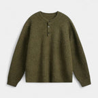 Henley Knit Wool Sweater Three-Button Placket for Men