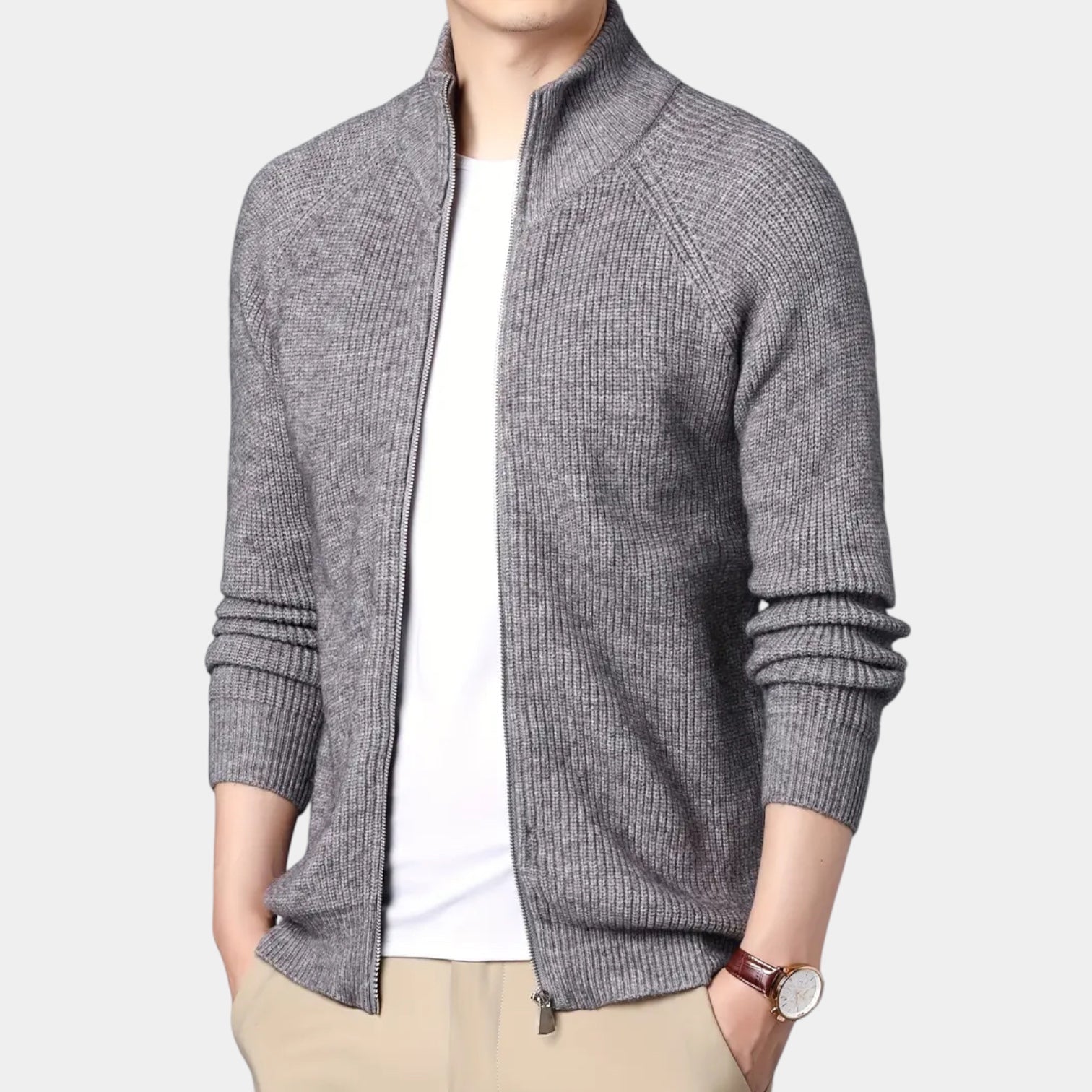 Full-Zip Ribbed Knit Cardigan Stand Collar for Men