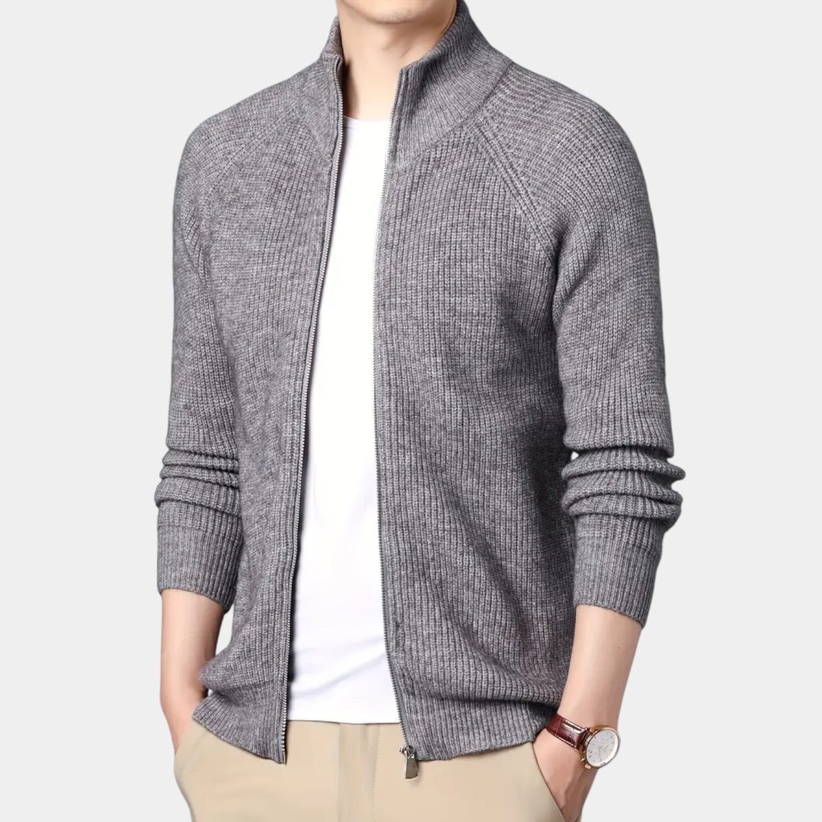Full-Zip Ribbed Knit Cardigan Stand Collar for Men