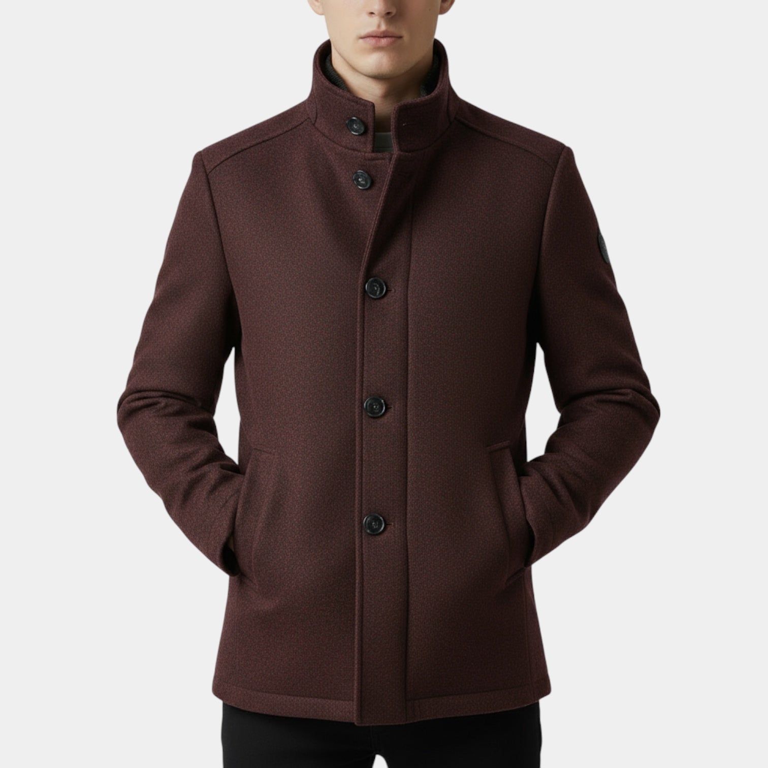 Wool-Blend Trench Coat Stand Collar Tailored Fit for Men