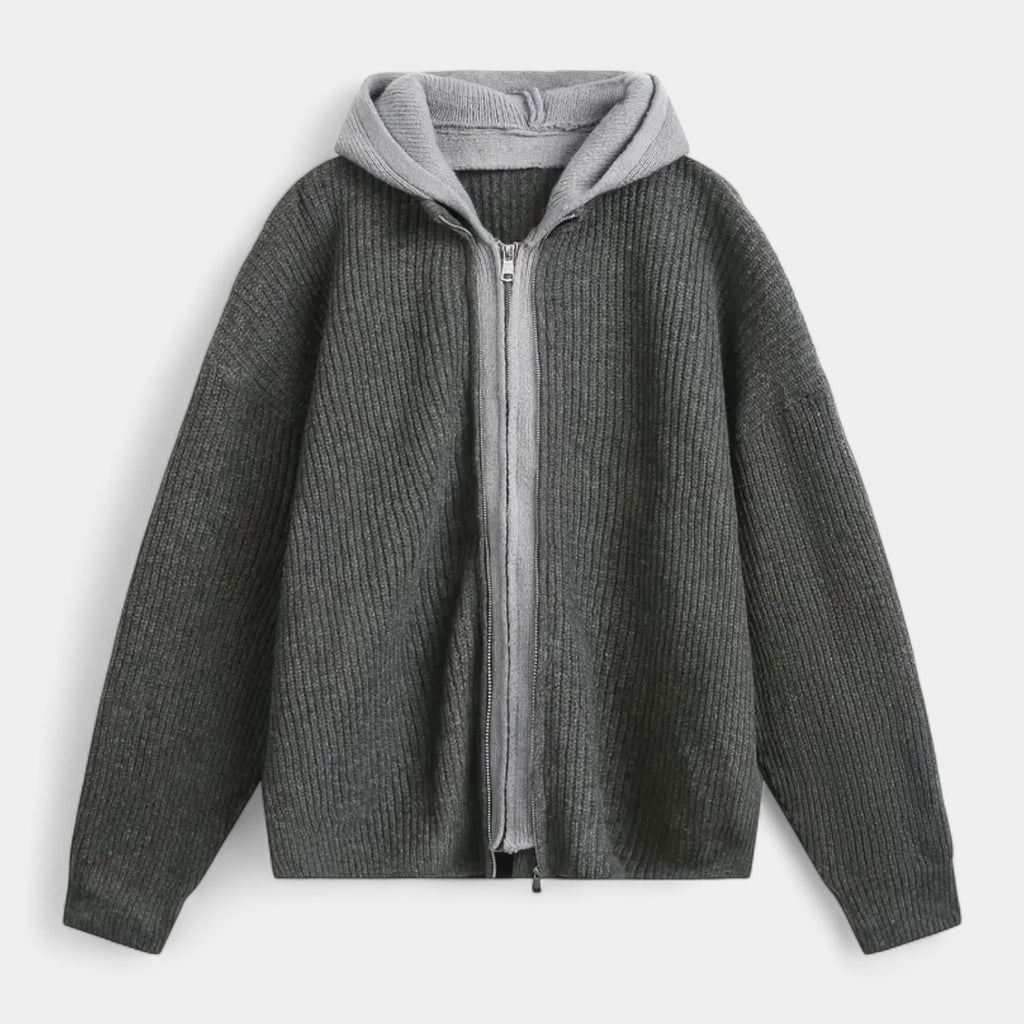 Zip-Up Knit Cardigan Hoodie Ribbed Relaxed Fit for Men