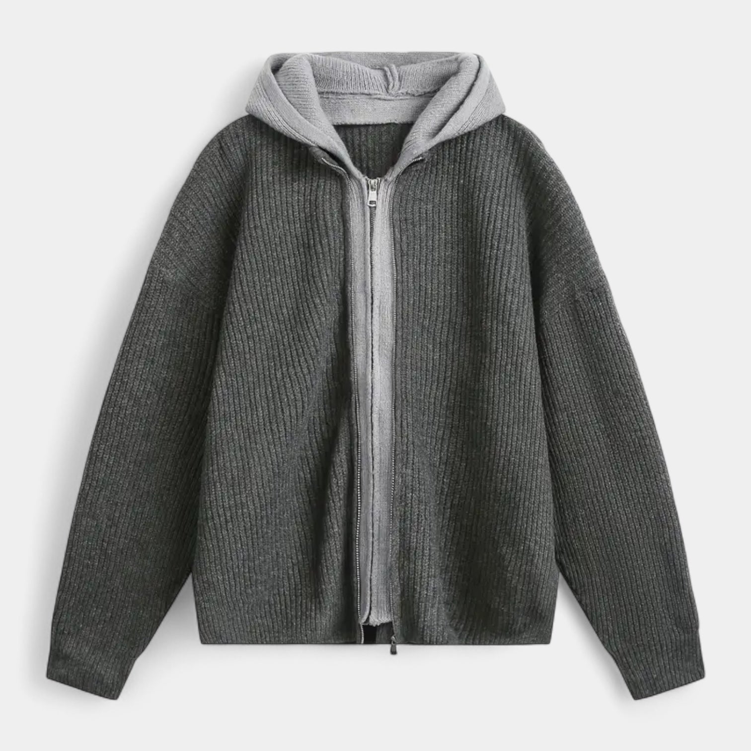 Zip-Up Knit Cardigan Hoodie Ribbed Relaxed Fit for Men