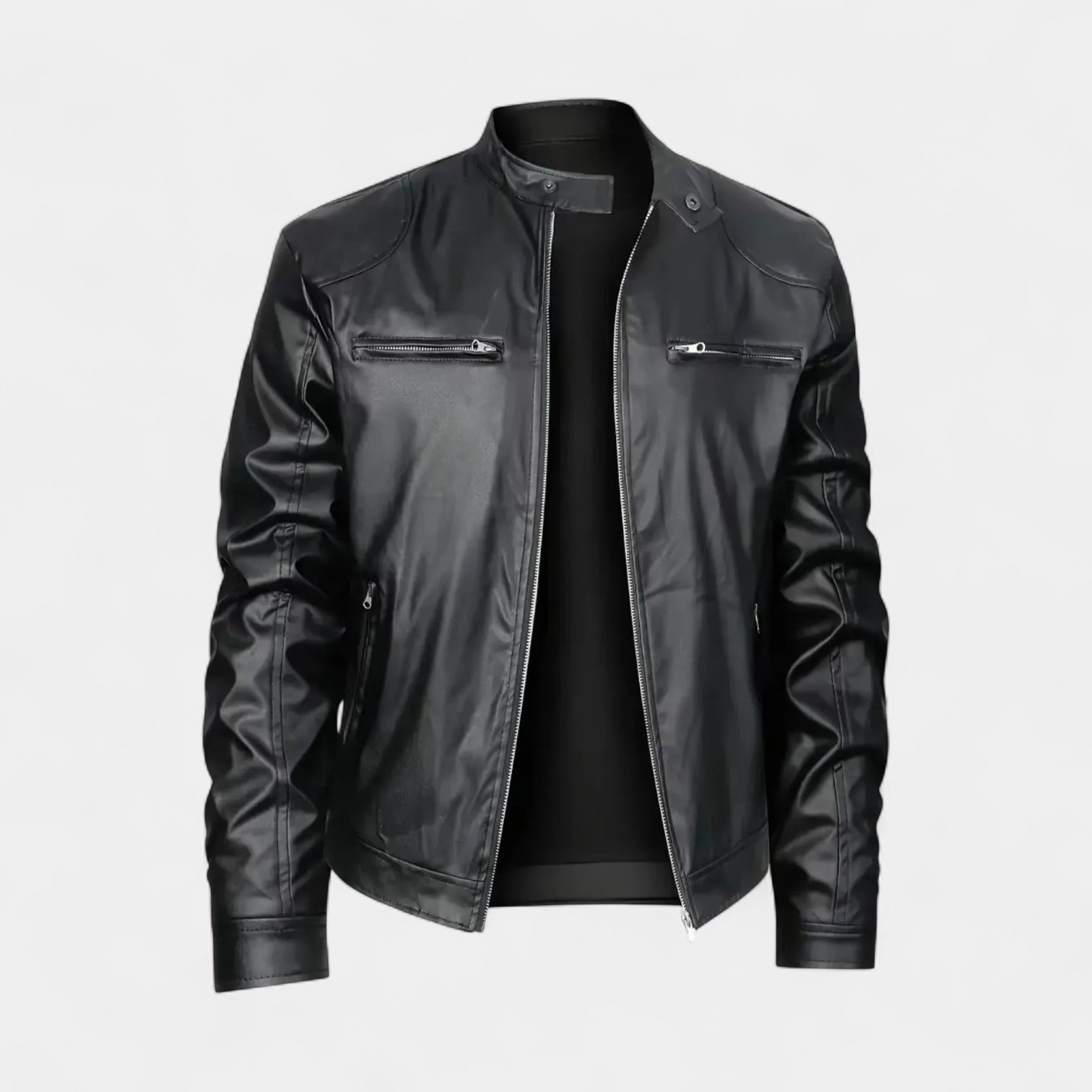 Faux Leather Biker Jacket Stand Collar Zip for Men