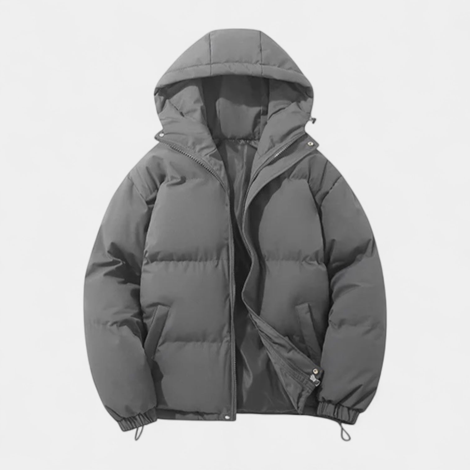 Hooded Puffer Jacket Zip-Up Snap Closure for Men
