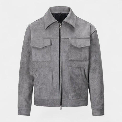 Faux Suede Bomber Jacket Double Zip Regular Fit for Men