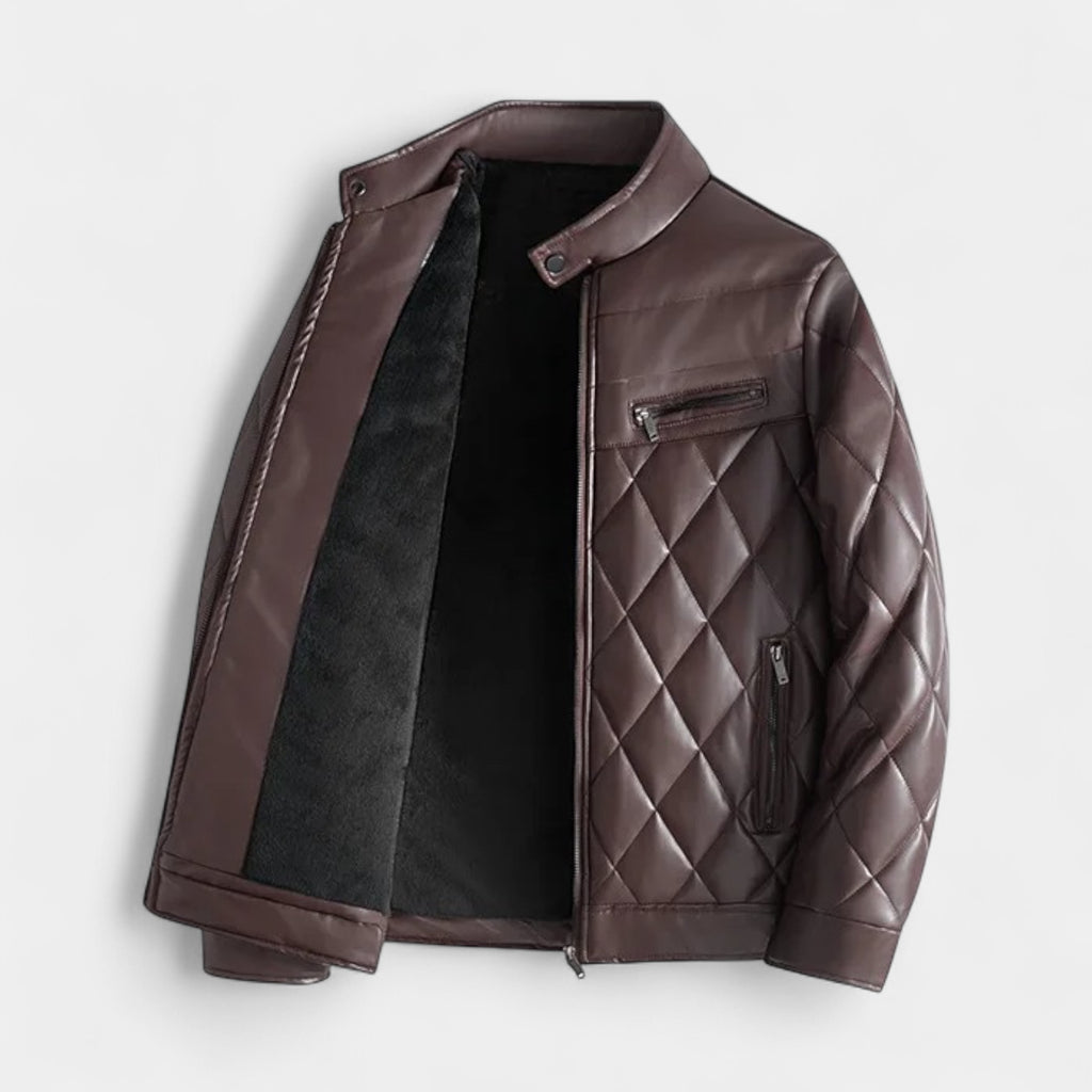 Quilted Faux Leather Biker Jacket Zip-Up for Men
