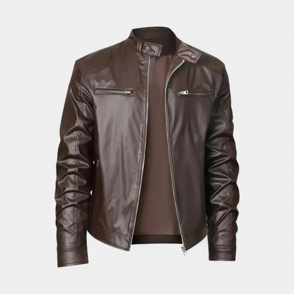 Faux Leather Biker Jacket Stand Collar Zip for Men