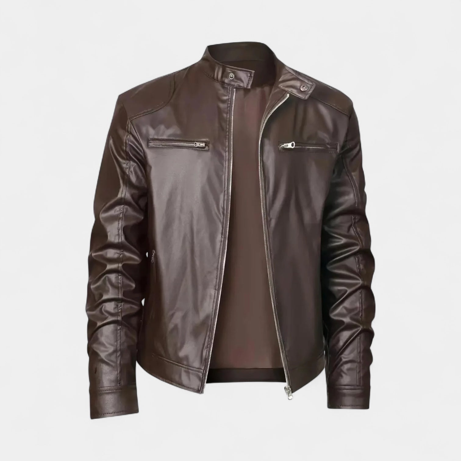 Faux Leather Biker Jacket Stand Collar Zip for Men