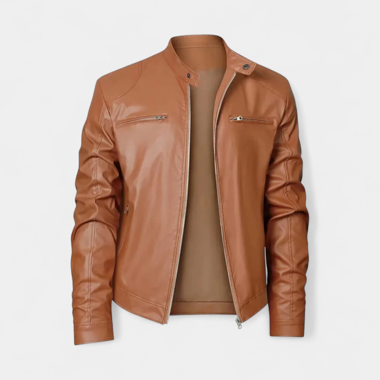 Faux Leather Biker Jacket Stand Collar Zip for Men