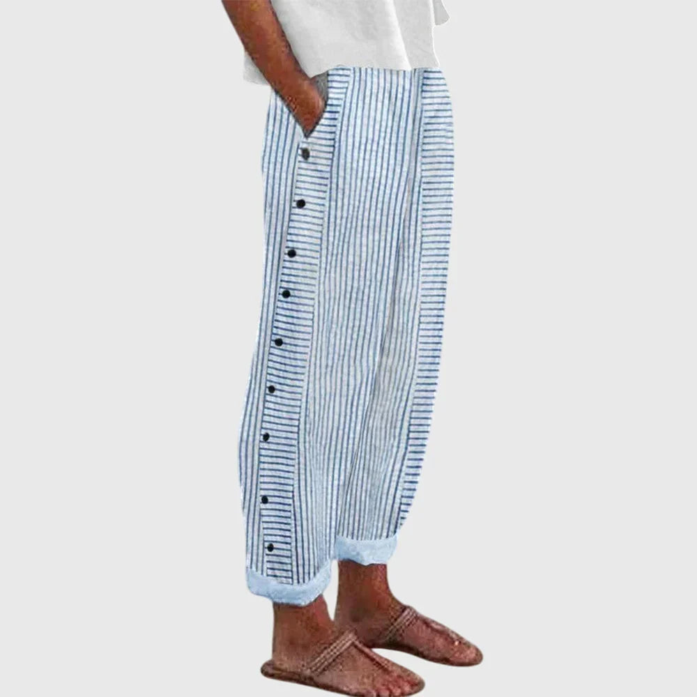 Women's Striped Trousers with Button Detail