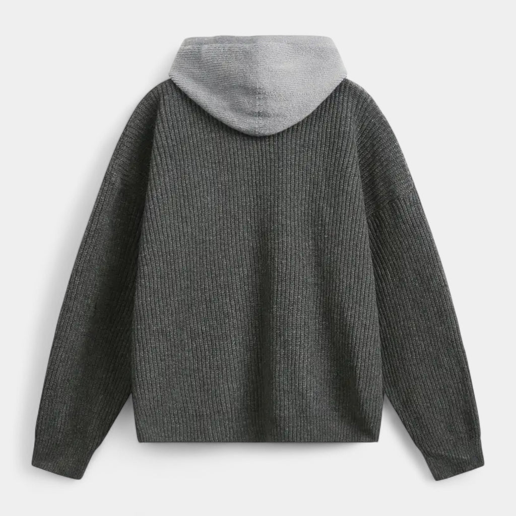 Zip-Up Knit Cardigan Hoodie Ribbed Relaxed Fit for Men