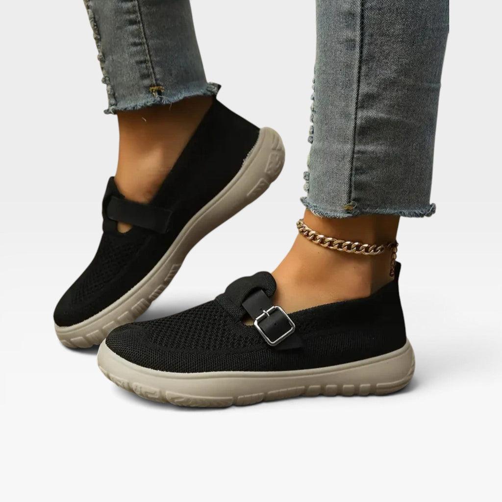 Women's Knit Slip-On Sneakers with Buckle Strap