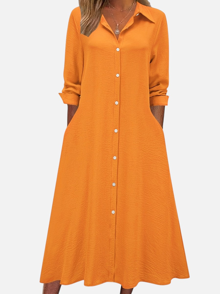 Women's Button-Front Midi Shirt Dress with Relaxed Fit