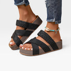 Women's Woven Cross-Strap Wedge Mules