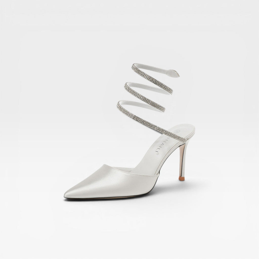 Women's Crystal Ankle Wrap Satin Pumps