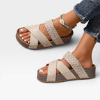 Women's Woven Cross-Strap Wedge Mules