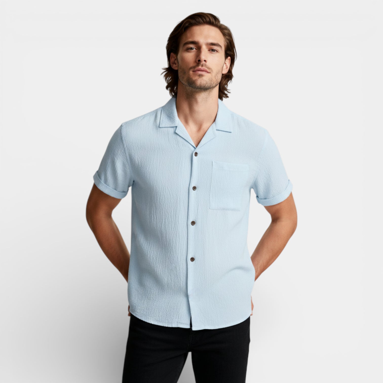 Short Sleeve Button-Up Textured Shirt Regular Fit for Men