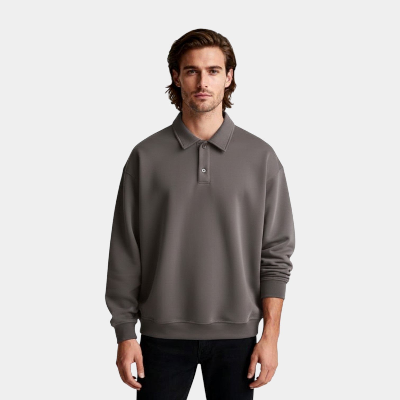 Long Sleeve Polo Pullover Ribbed Cuffs Relaxed Fit for Men