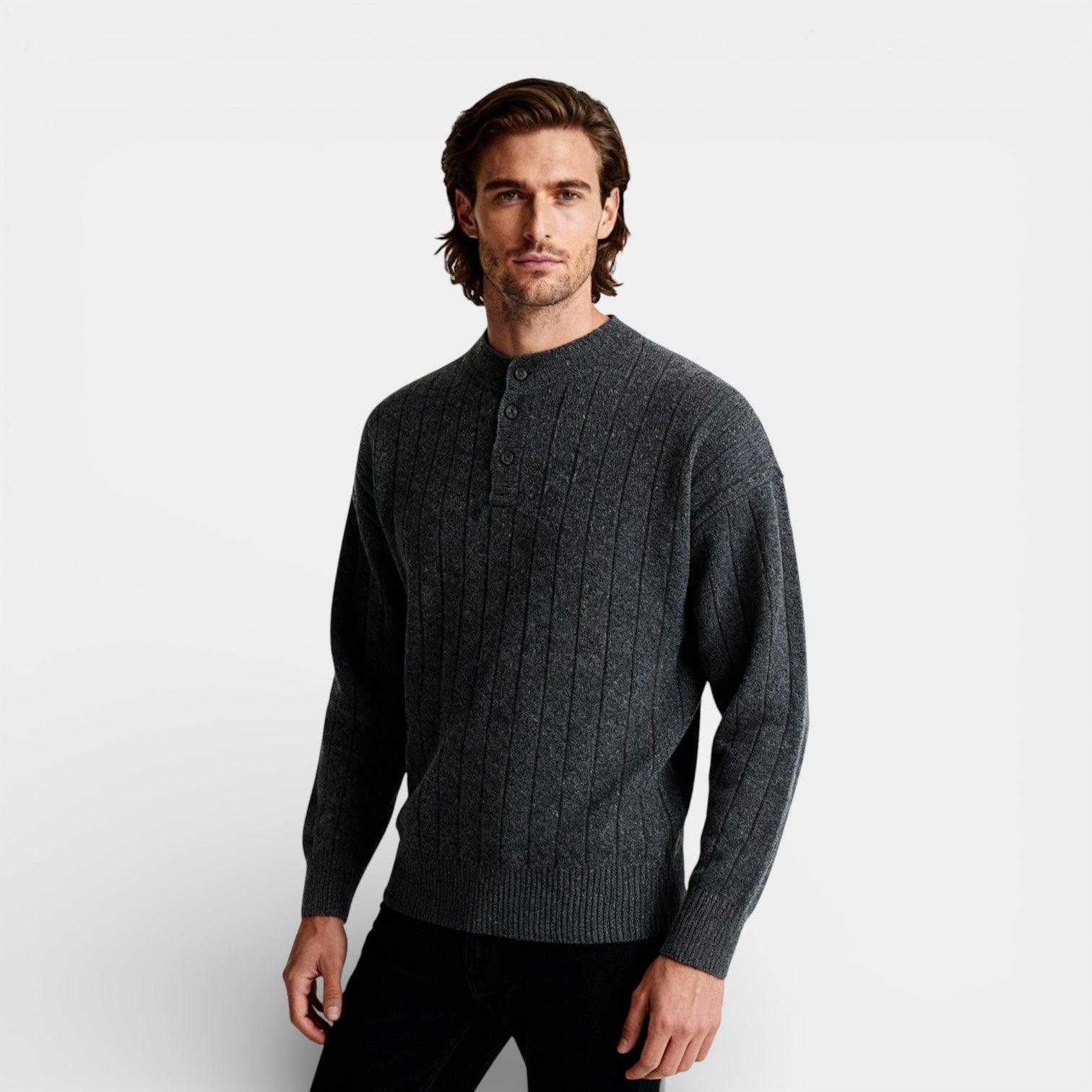 Ribbed Knit Henley Sweater Regular Fit for Men
