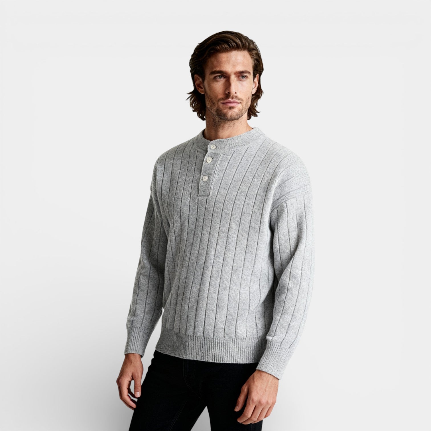 Ribbed Knit Henley Sweater Regular Fit for Men