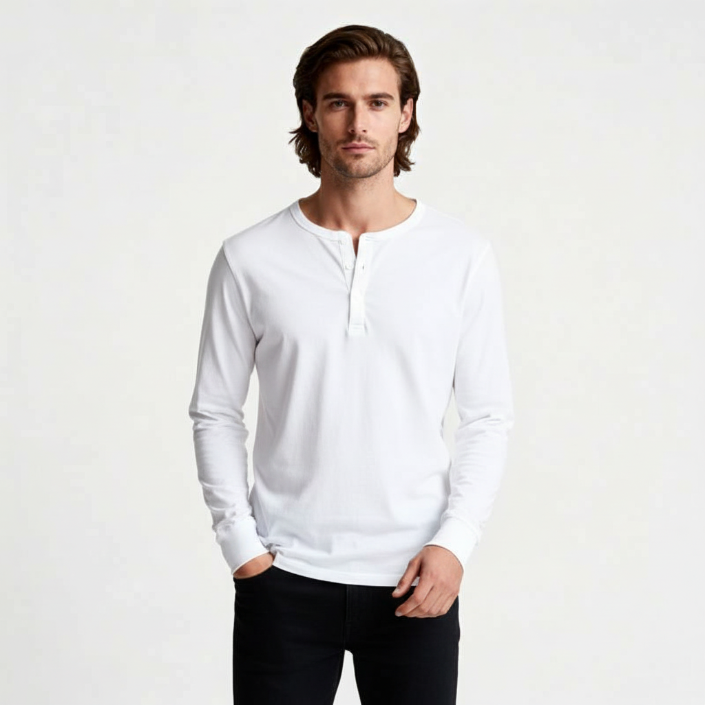 Long Sleeve Henley Shirt Button Placket Regular Fit for Men