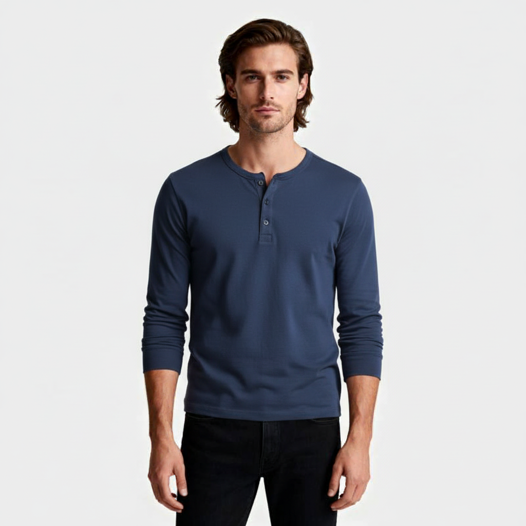 Long Sleeve Henley Shirt Button Placket Regular Fit for Men