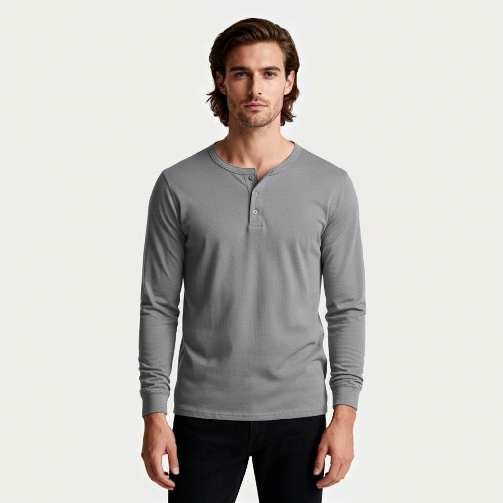 Long Sleeve Henley Shirt Button Placket Regular Fit for Men
