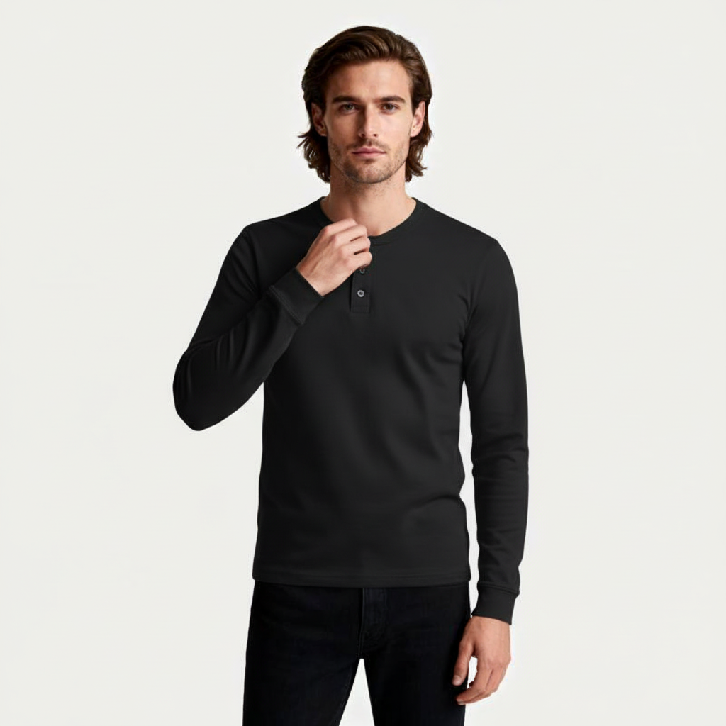 Long Sleeve Henley Shirt Button Placket Regular Fit for Men